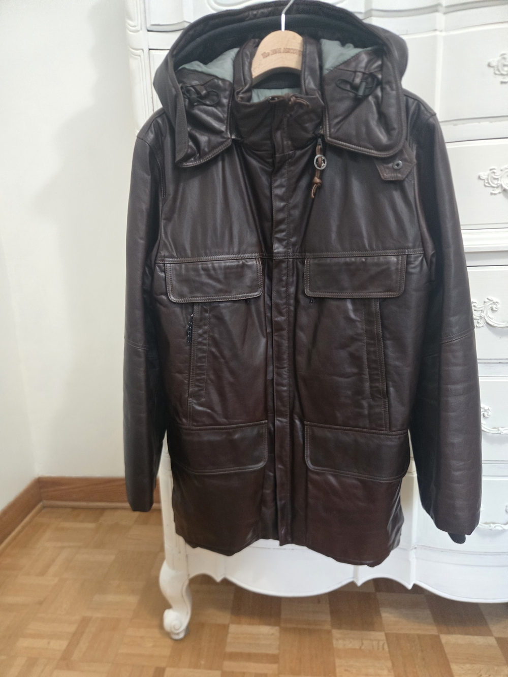 Men's Dark Brown Leather Field Jacket with Hood